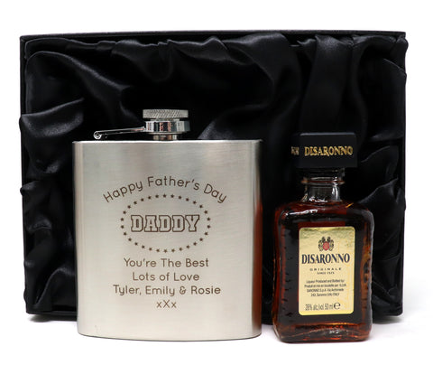 Personalised Silver Hip Flask & Miniature Alcohol - Father's Day Design