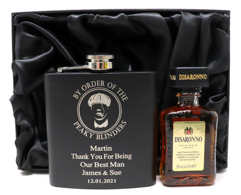 Personalised Black Hip Flask & Miniature in Gift Box - Peaky Blinders Design