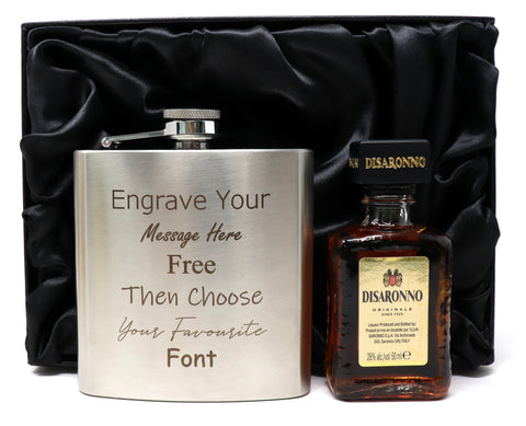 Personalised Engraved Silver Hip Flask & Miniature Alcohol Gift Set