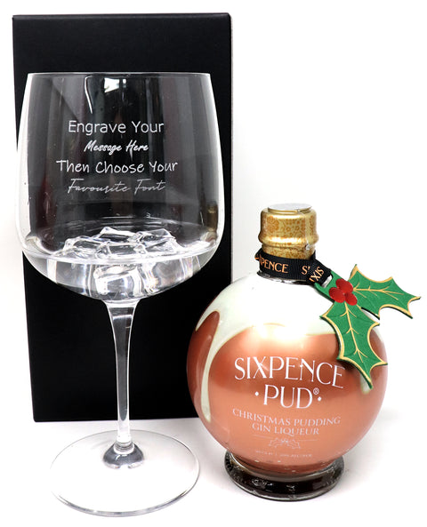 Personalised Gin Balloon Cocktail Glass & 50cl Sixpence Pud Christmas Pudding Gin Liqueur