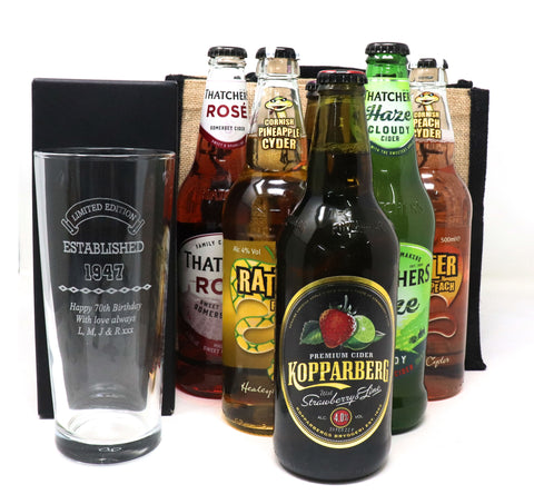 Personalised Pint Glass & 6 Bottles of Cider Gift Set - Established Birthday Design