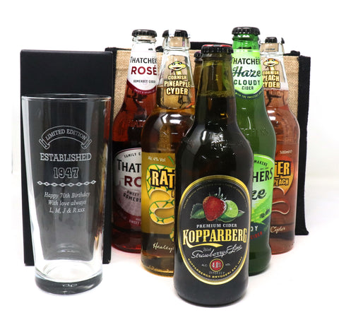 Personalised Established Birthday Pint Glass & 6 Bottles of Cider Gift Set