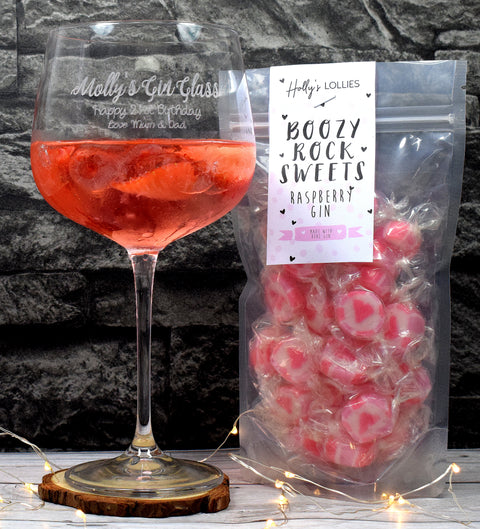 Personalised Gin Cocktail Balloon Glass & Raspberry Gin Sweets - Gin Design