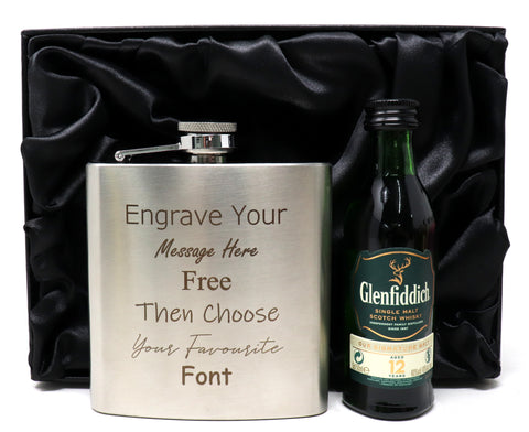 Personalised Engraved Silver Hip Flask & Miniature Alcohol Gift Set