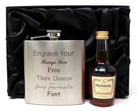 Personalised Engraved Silver Hip Flask & Miniature Alcohol Gift Set