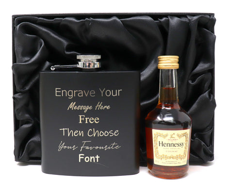 Personalised Black Hip Flask & Miniature in Silk Gift Box