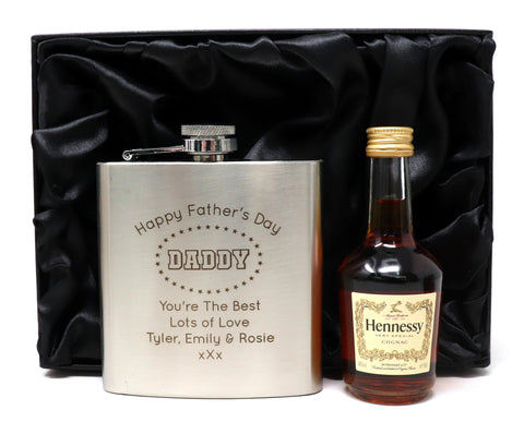 Personalised Silver Hip Flask & Miniature Alcohol - Father's Day Design