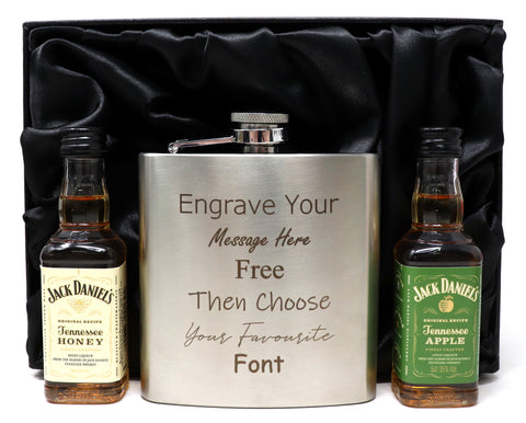Personalised Engraved Silver Hip Flask & Miniature Alcohol Gift Set