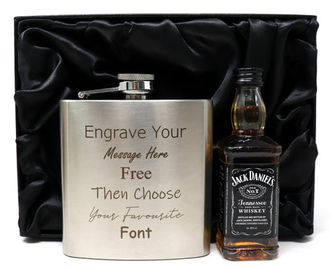Personalised Engraved Silver Hip Flask & Miniature Alcohol Gift Set