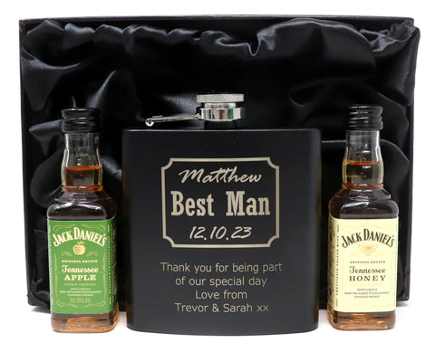 Personalised Best Man Wedding Black Hip Flask & Miniature Alcohol in Gift Box