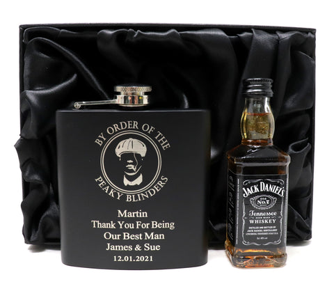 Personalised Black Hip Flask & Miniature in Gift Box - Peaky Blinders Design