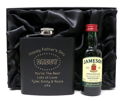 Personalised Black Hip Flask & Miniature - Father's Day Design