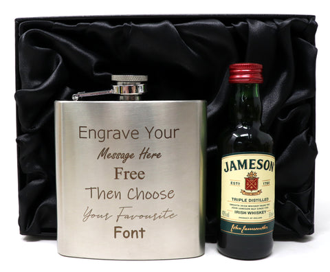 Personalised Engraved Silver Hip Flask & Miniature Alcohol Gift Set