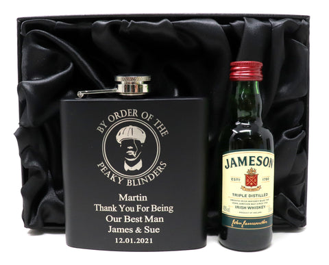 Personalised Black Hip Flask & Miniature in Gift Box - Peaky Blinders Design