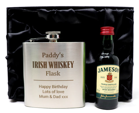 Personalised Silver Hip Flask & Miniature Alcohol - Irish Whiskey Design