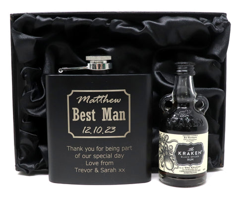 Personalised Best Man Wedding Black Hip Flask & Miniature Alcohol in Gift Box