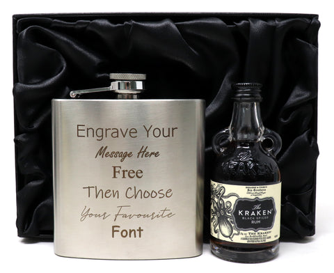 Personalised Engraved Silver Hip Flask & Miniature Alcohol Gift Set