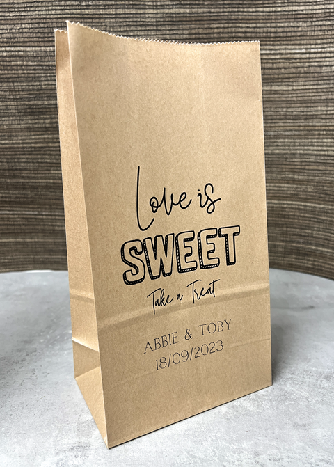 Personalised Paper Sweet Cake Favour Bags - Love is Sweet Design