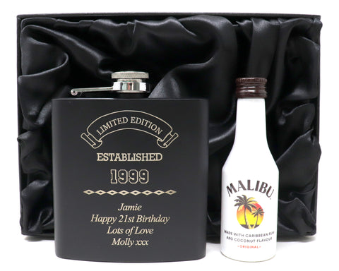 Personalised Black Hip Flask & Miniature in Silk Gift Box - Established Birthday Design