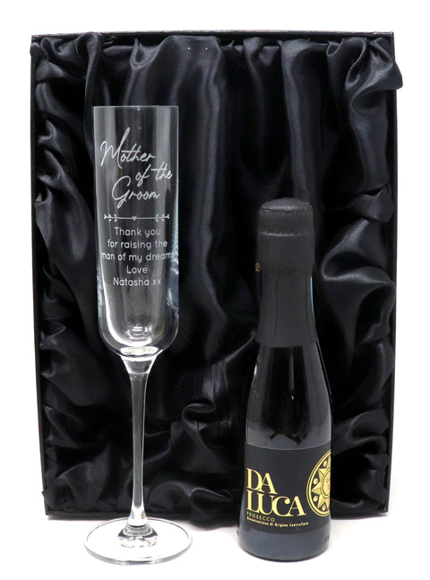 Personalised Fusion Flute & 20cl Prosecco in Silk Gift Box - Mother of the Groom Wedding Design