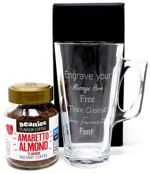 Personalised Coffee Glass with a Jar of Beanies Instant Coffee