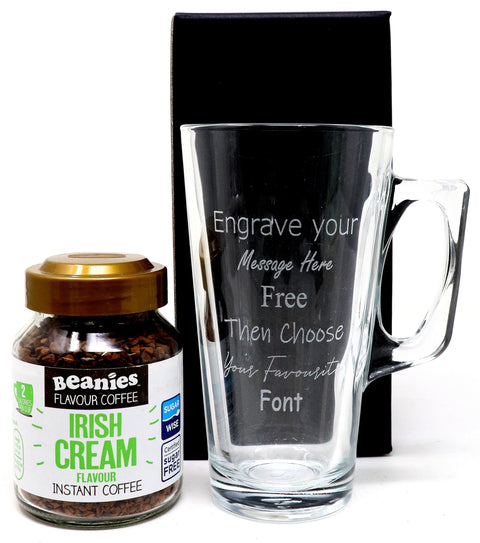 Personalised Coffee Glass with a Jar of Beanies Instant Coffee