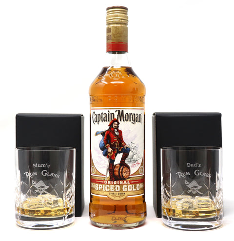 Personalised Pair of Crystal Tumblers & Captain Morgan Spiced Rum - Rum Design