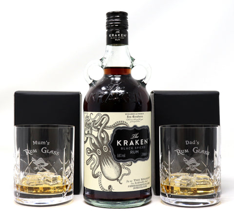 Personalised Pair of Crystal Tumblers & Kraken Black Spiced Rum - Rum Design