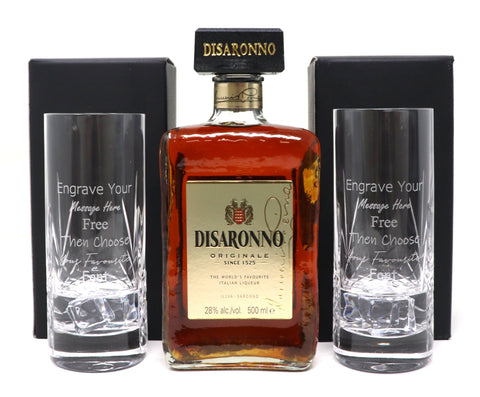 Personalised Pair of Crystal Highball Glasses & 50cl Disaronno