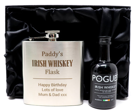 Personalised Silver Hip Flask & Miniature Alcohol - Irish Whiskey Design