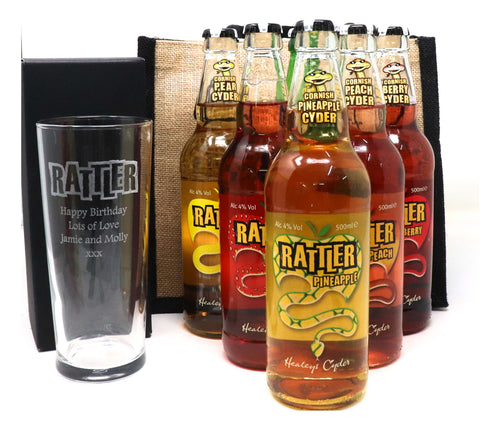 Personalised Pint Glass & 6 Bottles of Rattler Cider Gift Set - Rattler Cyder Design