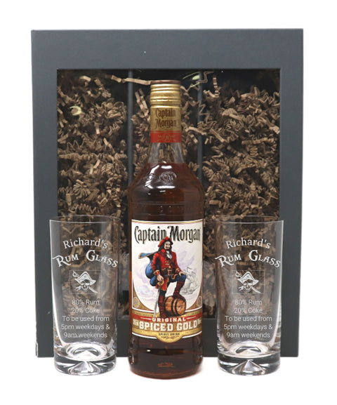 Personalised Pair of Highball Glasses & 70cl Captain Morgan Spiced - Rum % Design