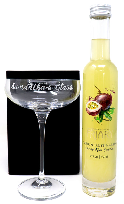 Personalised Cocktail Saucer Glass & Friary Passionfruit Martini