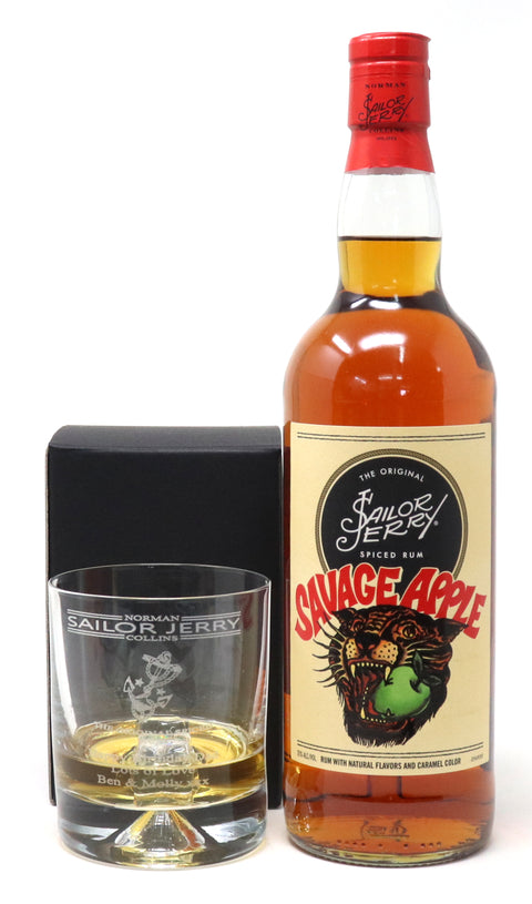 Personalised Dimple Glass Tumbler & 75cl Sailor Jerry Spiced Rum Savage Apple - Sailor Jerry Design