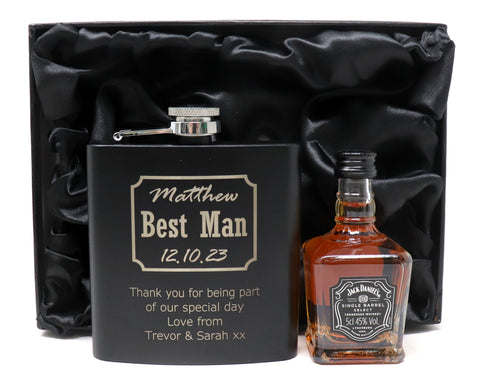 Personalised Best Man Wedding Black Hip Flask & Miniature Alcohol in Gift Box