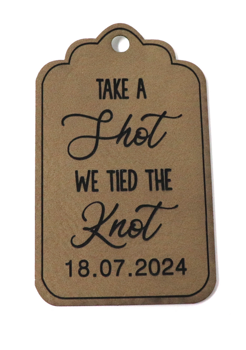 Personalised Take A Shot We Tied The Knot Design Faux Leather Wedding Favour Gift Tags