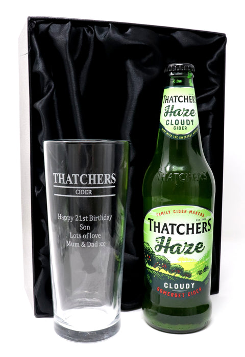Personalised Pint Glass & Cider Gift Set - Thatchers Cider Design
