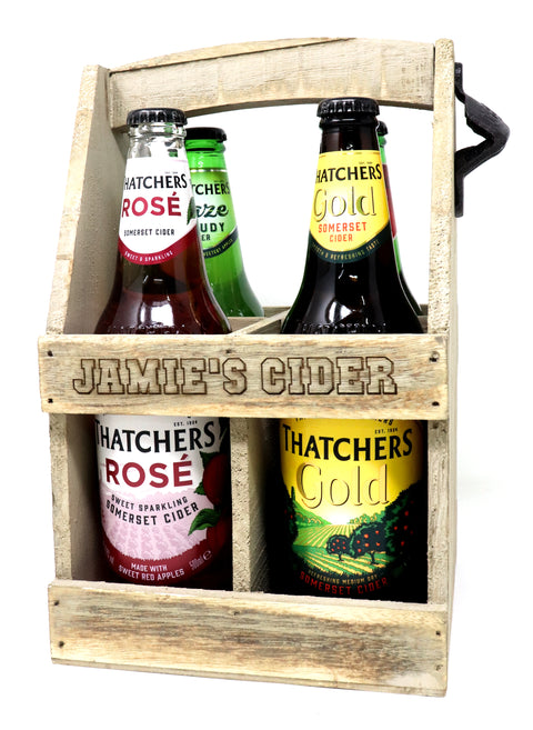 Personalised Wooden Bottle Carrier & 4 Bottles of Cider