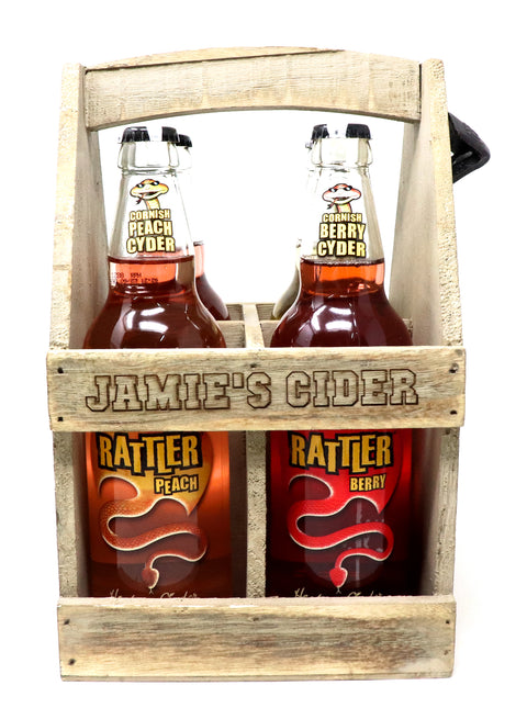 Personalised Wooden Bottle Carrier & 4 Bottles of Cider