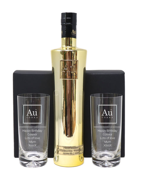 Personalised Pair of Highball Glasses & 70cl Au Vodka Original Gold - Label Design