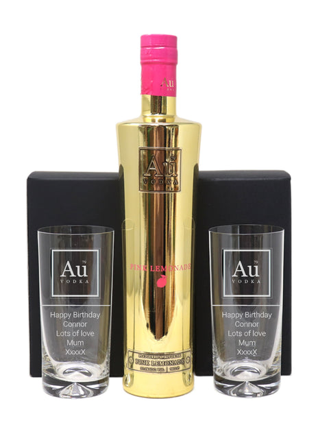 Personalised Pair of Highball Glasses & 70cl Au Vodka Pink Lemonade - Label Design