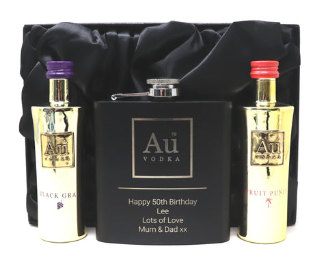 Personalised Black Hip Flask & Miniature in Gift Box - Au Vodka Design