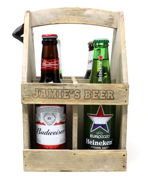 Personalised Wooden Bottle Carrier & 4 Bottles of Lager Beer