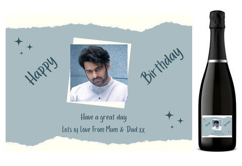 Personalised Prosecco Bottle Label - Blue Birthday Photo Design