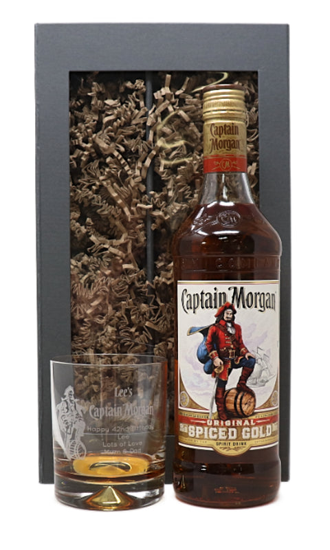 Personalised Glass Tumbler & 70cl Spiced Rum - Captain Morgan Pirate Design