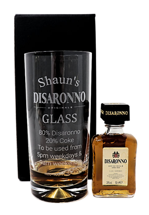 Personalised Engraved Highball Glass & Miniature Alcohol Gift Set - Disaronno % Design