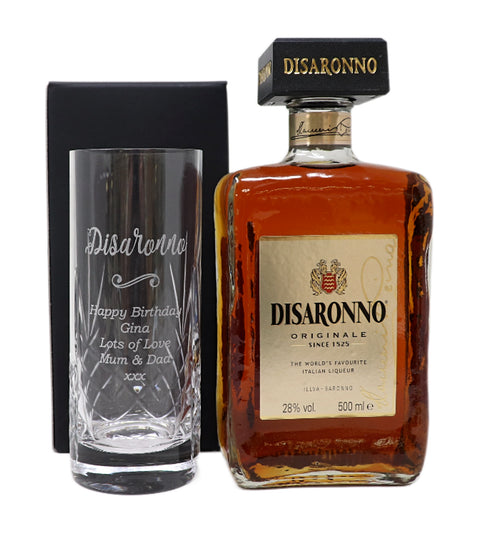 Personalised Crystal Highball Glass & 50cl Amaretto - Disaronno Design