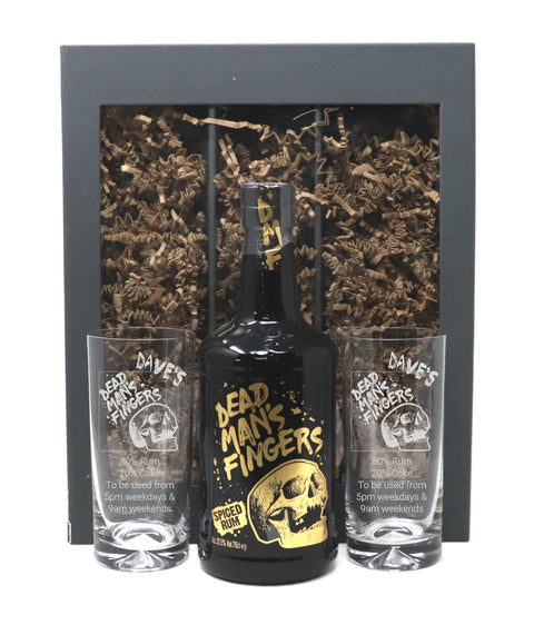 Personalised Pair of Highball Glasses & 70cl Dead Man's Fingers Spiced Rum - DMF Design
