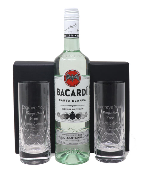 Personalised Pair of Crystal Highball Glasses & 70cl Bacardi