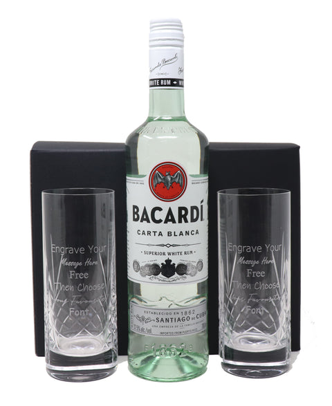 Personalised Pair of Crystal Highball Glasses & Bacardi